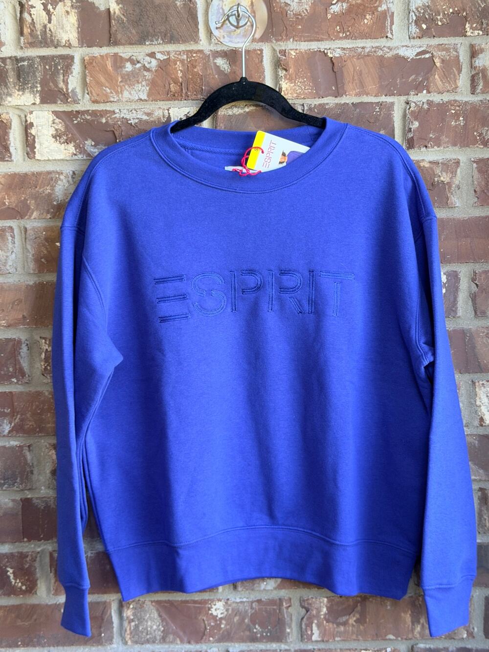 NWT Esprit Women's Logo Fleece Crewneck Sweatshirt Blue Size S Embroidered